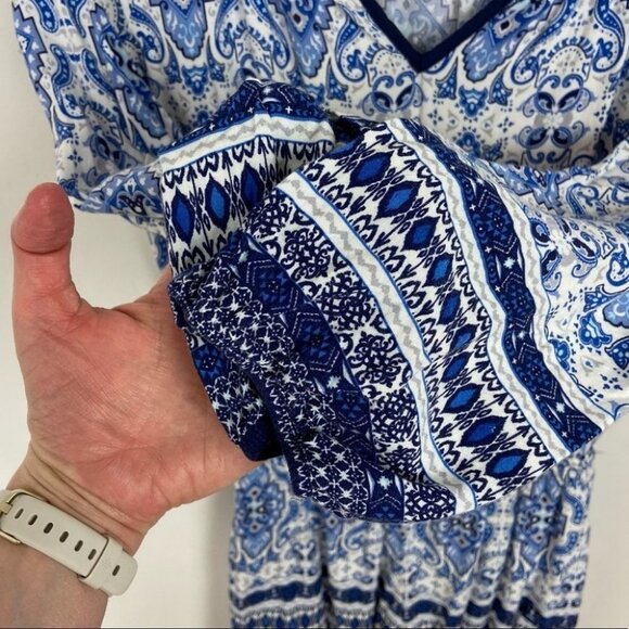 Anthropologie Paisley Print Romper Long Sleeves Blue White Bohemian XS Elevenses - Picture 5 of 16